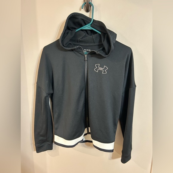 Girls YXL under armour hooded track warm up jacket black white logo - Picture 1 of 7